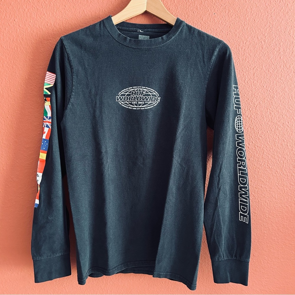 HUF Vintage Men’s Black Long Sleeves T-Shirt Flags Worldwide Size Small
